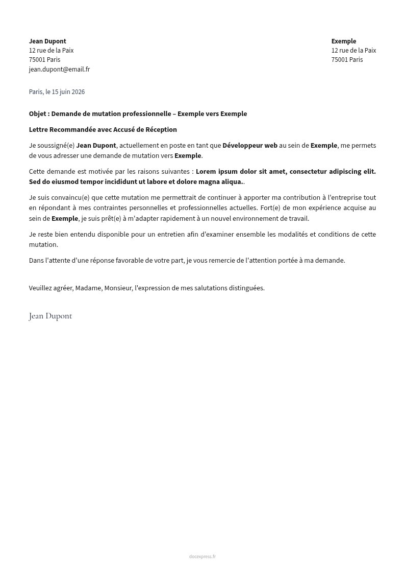 Aperçu Lettre de demande de mutation professionnelle