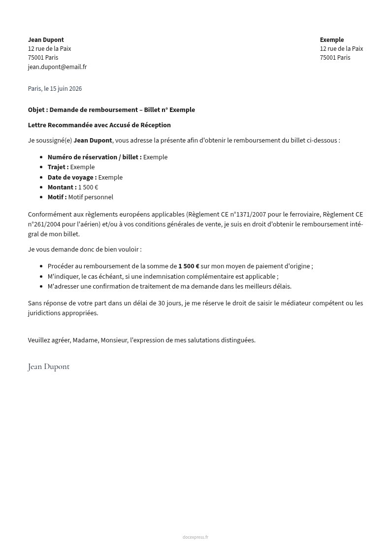 Aperçu Lettre de demande de remboursement de billet