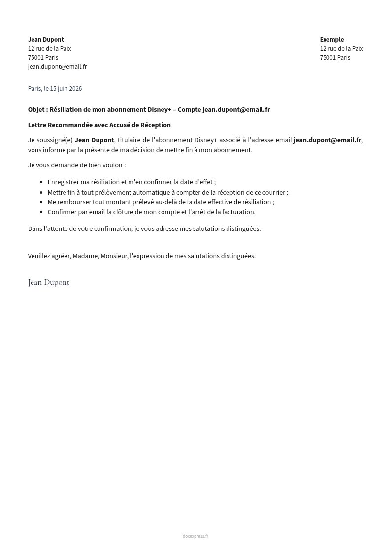 Aperçu Lettre de résiliation Disney+