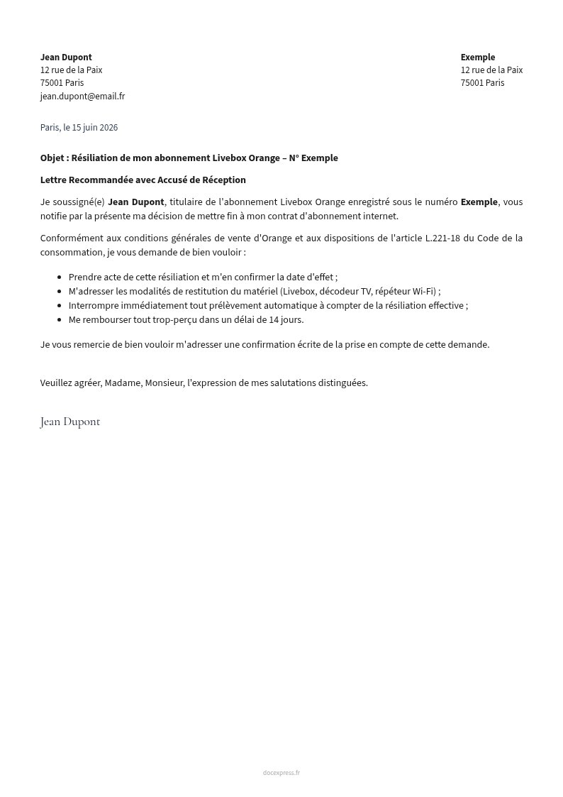 Aperçu Lettre de résiliation Orange Livebox