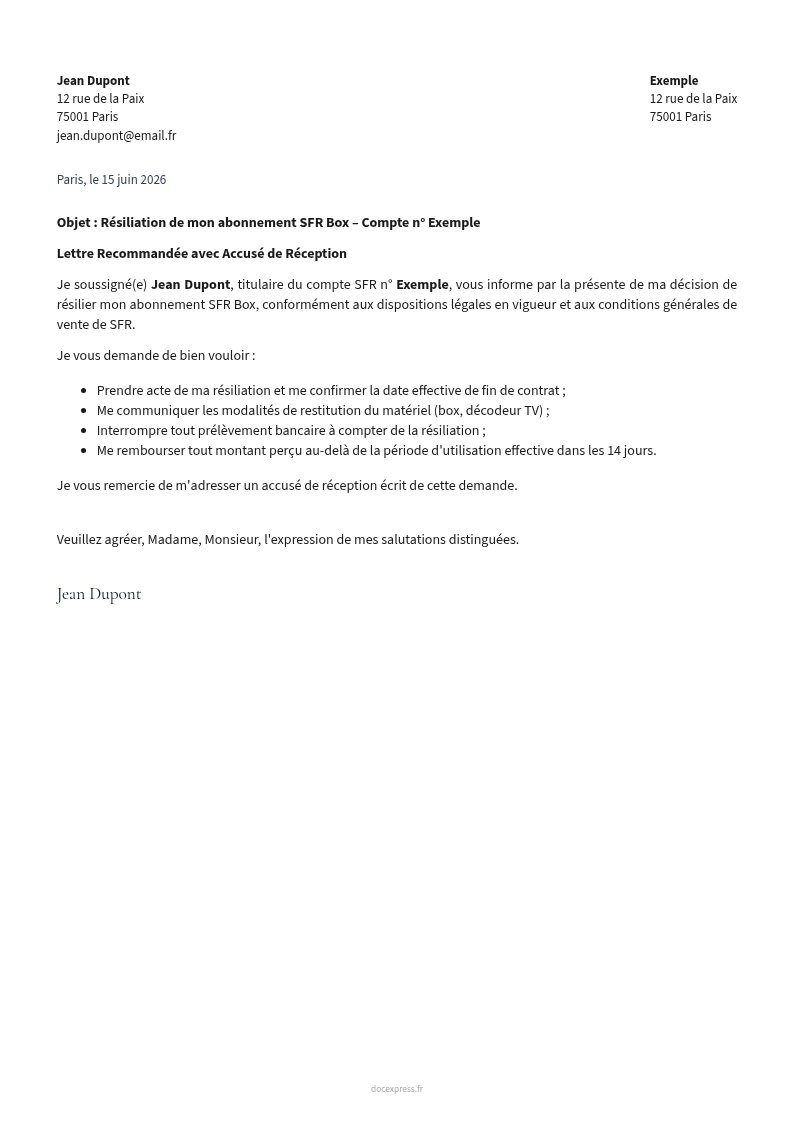 Aperçu Lettre de résiliation SFR Box