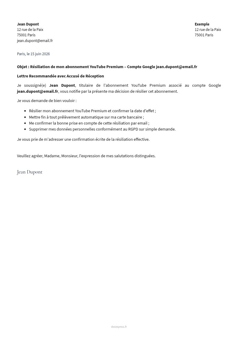 Aperçu Lettre de résiliation YouTube Premium